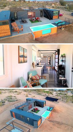 this is an image of a house made out of shipping containers and other things in the desert