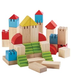 the wooden blocks are set up to play with different shapes and sizes, including castle