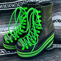 Dolls Kill Club Exx Neon Green Black Stripe Platform Boots Size 9 Goth Cyber Dolls Kill Shoes, Green Boots, Dolls Kill, Platform Boots, Neon Green, Lace Up Boots, Black Stripes, Combat Boots, Shoe Laces