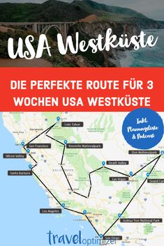 the usa west coast with text that reads usa westside, die perfect route fur 3 wochen usa westkuste