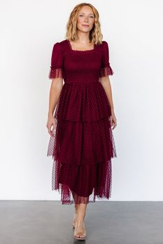 Alana Tulle Tiered Dress | Burgundy Fitted Tulle Dress With Ruffled Skirt, Tulle Dress With Ruffled Tiered Skirt, Fitted Tulle Tiered Skirt Dress, Fitted Tulle Tiered Dress, Fitted Tiered Tulle Dress, Tulle Dress With Ruffles And Tiered Skirt, Tiered Midi Dress With Lace Trim For Party, Tiered Tulle Dress With Ruffles, Short Sleeve Tulle Dress With Lace Trim