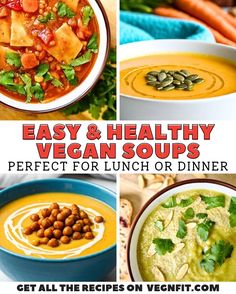 Pictures showing various healthy Vegan Soups with, text Easy & Healthy Vegan Soup Ideas. Soups Ideas, Soups Easy, Soup Recipes Healthy, Vegan Split Pea Soup, Easy Vegan Soup, Soup Ideas, Hearty Vegetable Soup, Plant Based Soups