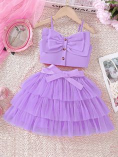 2pcs/Set Young Girl Spring/Summer Elegant Cute Purple Camisole With Double-Layer Bow Decor & Elastic Waist Tiered Tulle A-Line Skirt Set Purple Cute  Sleeveless Polyester,Woven Fabric Plain  Non-Stretch  Young Girls Clothing, size features are:Bust: ,Length: ,Sleeve Length: African Dresses For Kids, Top With Bow, Baby Dress Patterns, Skirts For Kids, Baby Clothes Patterns, Kids Fashion Dress