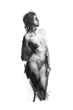 a black and white drawing of a woman with no shirt on, looking up at the sky