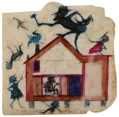 an old painting with people and animals on the side of a house that is painted red, blue, and black