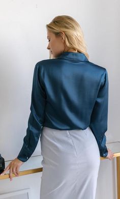 Milano Silk Blouse - 100% Silk Button-Up Shirt | Ravella Luxury Silkwear Green Satin Blouse Outfit, Green Satin Blouse, Silk Slip Skirt, Classic Chic Style, Silk Tee, Pocket Blouse, Gorgeous Blouses, Silk Pajama Set, Satin Blouses