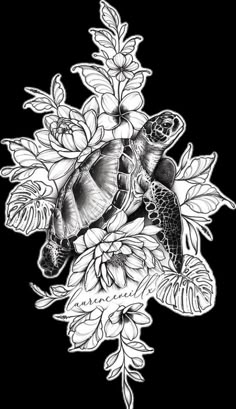 a black and white drawing of a sea turtle surrounded by flowers, leaves and branches