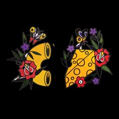 two pieces of art with flowers and butterflies on them, one piece has a yellow object in the middle