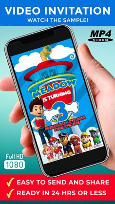 a hand holding up a smart phone with an advertisement on the screen and cartoon characters behind it