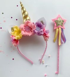 Looking for the perfect accessory for a party or a cute gift for your unicorn loving bestie? Inspired by classic fairy tales, this unicorn headband is a quirky addition to any outfit. Ideal for making fancy-dress, special occasions, festivals or just the everyday a little more whimsical. Your little angel will love to transform into a magical unicorn with this beautiful and sparkles headband and star wand to match. Each horn and flowers is individually handmade from soft felt in gorgeous pink, y Unicorn Fancy Dress, Unicorn Birthday Outfit, Star Wand, Classic Fairy Tales, Unicorn Headband, Princess Shoes, Birthday Party Crafts, Unicorn Horn, Unicorn Lover