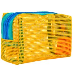 a yellow mesh bag with four zippers