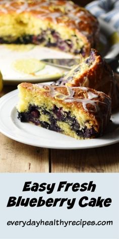 easy fresh blueberry cake on a white plate