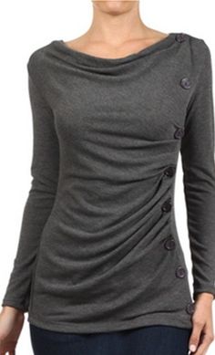 Knit ribbed long sleeve top with a high cowl neckline and a side button down design available in taupe, black, red and grey at www.apostolicclothing.com #modesty #modestfashion #tops Drape Top, Couture Mode, Cowl Neck Top, Cowl Neckline, Look Cool, Canada Goose, Vintage Tops