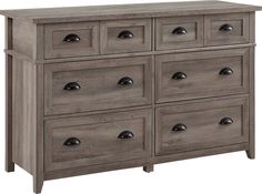 a gray dresser with lots of drawers and knobs on the top drawer, in front of a white background