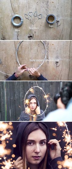 three different photos with sparklers in the middle and one woman's face on it