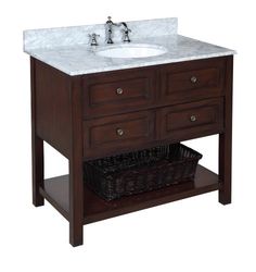 a bathroom vanity with a marble top and two baskets under the sink, against a white background