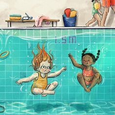 two children swimming in a pool, one is jumping into the water and the other is diving