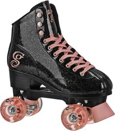 a pair of roller skates with pink wheels and black laces on the bottom