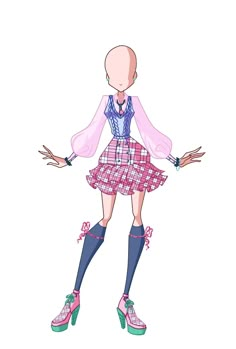 a drawing of a girl with pink hair and blue shoes, wearing a plaid skirt