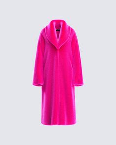 The bigger the coat, the badder the b*tch 💅 Walk into the room knowing you're the best looking one with this hot pink faux fur coat complete with an oversized fit, large lapel, full length sleeves, and side seam pockets 💗 Hot Pink Faux Fur Coat, Hot Pink Fur Coat, Pink Fluffy Coat, Barbiecore Fashion, Pink Coats For Women, Winter Date Outfits, Pink Faux Fur Coat, Pink Fur Coat, Catty Noir