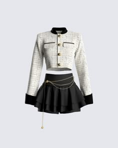 Prove that anything they can do, you can do better 😌 Prepped, and primed to perfection - this ivory tweed cropped jacket, and chained black mini skirt set has the ability to transform you into the polished icon of your dreams 🤎 Tweed Cropped Jacket, Preformance Outfits, Do Better, Mode Inspo, Kpop Fashion Outfits, Fancy Outfits, Cropped Jacket, Kpop Outfits