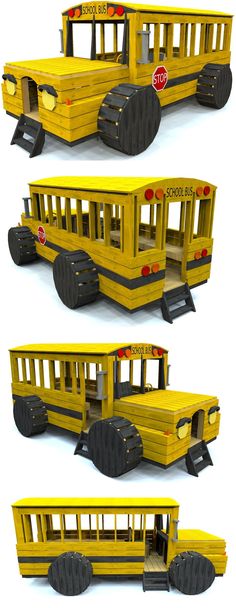 three different views of a school bus with wheels on the front and back sides, all in yellow