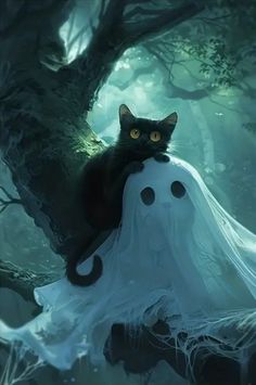 a black cat sitting on top of a ghost in a forest with trees and fog