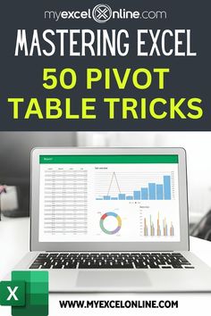 a laptop computer sitting on top of a desk with text overlay reading mastering excel 50 pivot table tricks