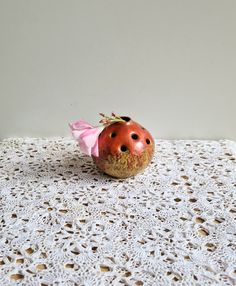 a ladybug figurine sitting on top of a doily covered table