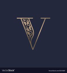 the letter v with an ornament pattern in gold on a dark background illustration