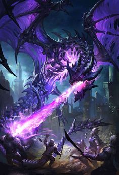 an image of a demonic dragon attacking a demon in the dark night with purple lights