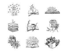 some books and flowers are drawn on a white background