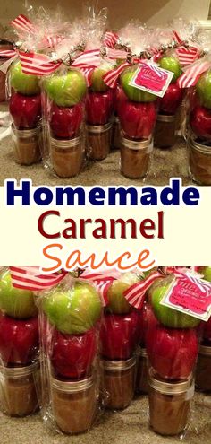 homemade caramel sauce in jars with apples and candy canes on the counter top