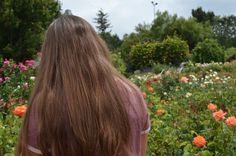 the back of a woman's head in a field of flowers