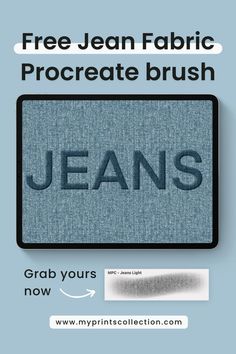 the jean fabric procreate brush is shown on a blue background with text that reads jeans