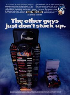 an advertisement for the nintendo game system, which is stacked up with video games in it