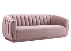 a pink velvet sofa with pleated upholstered back and arms, on an isolated white background