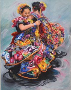 a painting of two women in colorful dresses