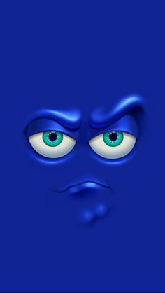 an evil looking face with blue eyes and green eyes, in the middle of a dark blue background