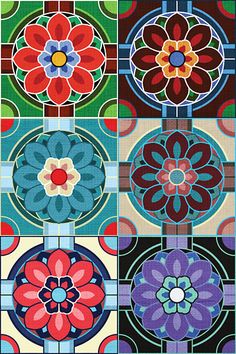 four different colored flower designs in squares