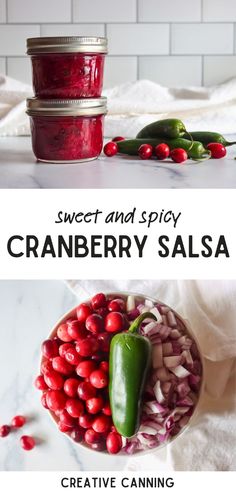 cranberry salsa in a glass jar, next to a bowl of beans and peppers