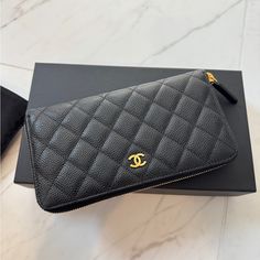 Brand New Chanel Long Zip Wallet With Original Box, Dustbag And Tags. Black Caviar Leather With Gold Hardware. Channel Wallet, Black Caviar, Chanel Wallet, Zip Wallet, Chanel Bags, Gold Hardware, Chanel Bag, Original Box, Dust Bag