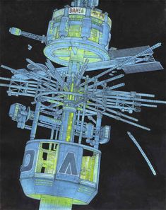 a drawing of a tower with many wires attached to the top and below it, against a black background