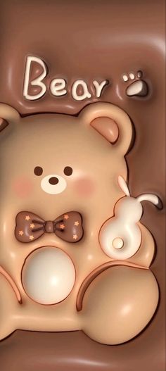 a teddy bear with a bow tie on it's chest and the words bear written in large letters