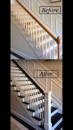 stairs before and after being painted white with the same color as the stair treads