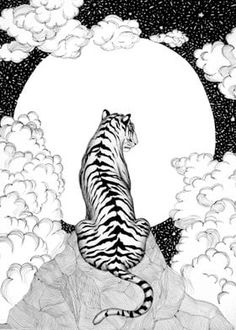 a black and white drawing of a tiger sitting on top of a rock in front of the moon