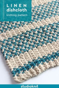 a blue and white knitted rug with the text line n dishcloth knitting pattern