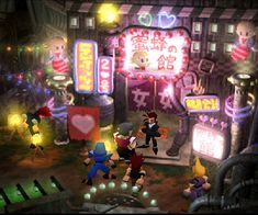 an animated video game is shown with many characters in front of neon signs and buildings