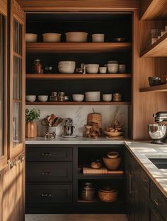 Functional Japandi Kitchen Pantry Designs Black And Wood Pantry, Dark Wood Pantry, Japandi Pantry, Dark Wood Kitchen Shelf, Natural Wood Moody Kitchen, Zen Kitchen Design Japanese Style, Dark Wood Pantry Shelves, Japanese Pantry Essentials, Kitchen Pantry Design Ideas