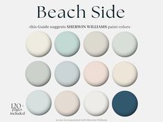 the beach side color palette is shown in shades of blue, white and beiges